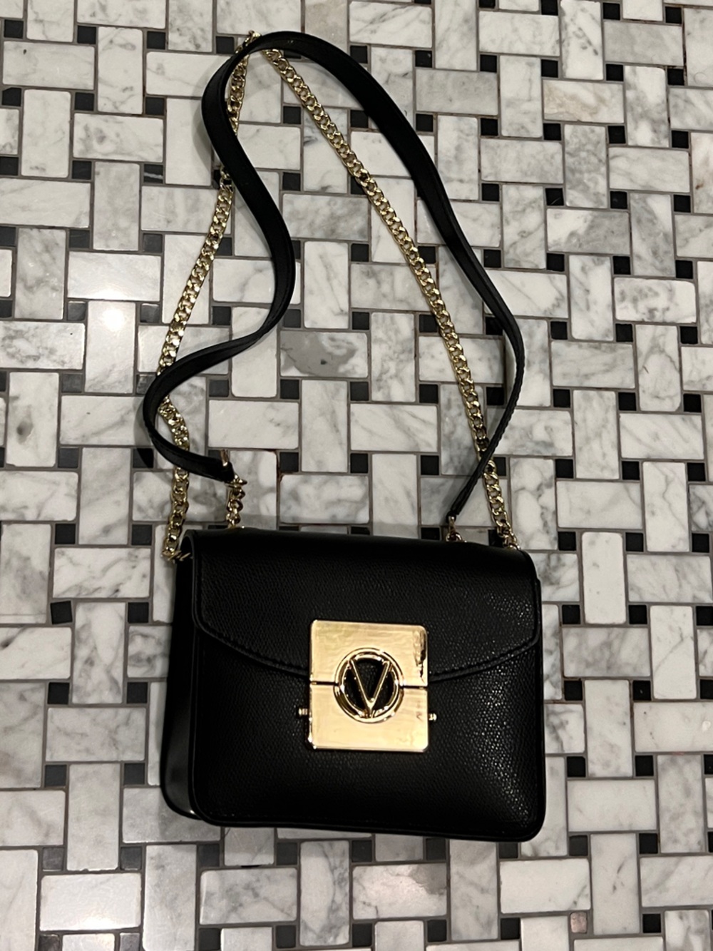 Mario Valentino Black Leather Crossbody with Gold Hardware